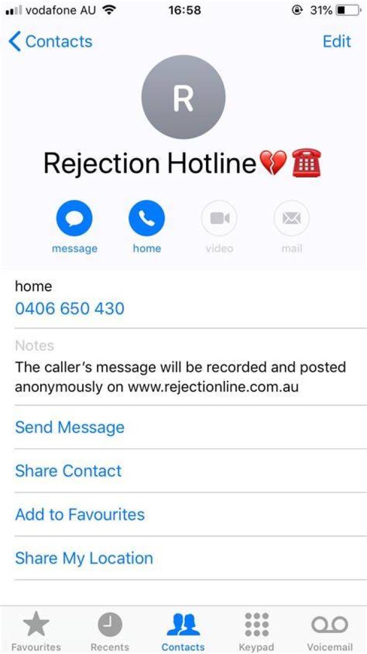 Australian Rejection Hotline This was something funny that I included