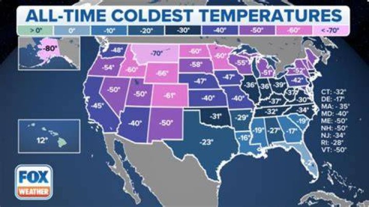 Coldest temperatures ever recorded in the states/provinces of the